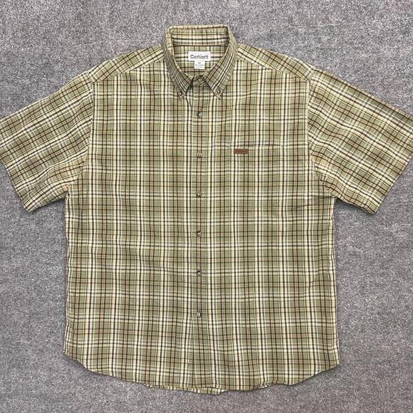 Carhartt Shirt Mens XL Sage Green Cotton Plaid Pleated Short Sleeve Button Down - Picture 1 of 9
